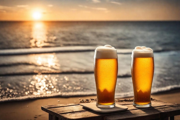 dois copos de cerveja sentados em uma caixa de madeira com o pôr do sol no fundo