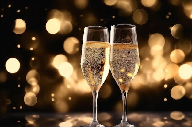 Dois copos de champanhe brindando à noite com luzes bokeh