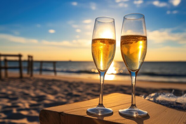 Dois copos de champanhe brindando na festa de Ano Novo na praia