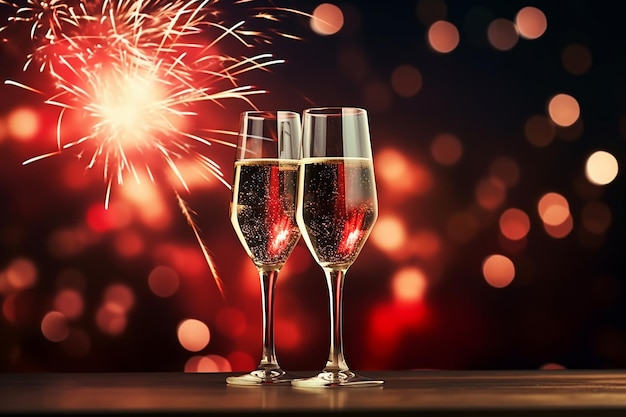 Dois copos de champanhe contra o fundo de fogos de artifício