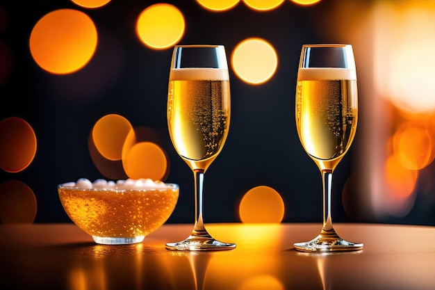 Dois copos de champanhe em fundo bokeh