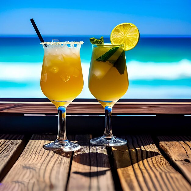 Dois copos de coquetéis com um canudo e um oceano azul ao fundo Verão