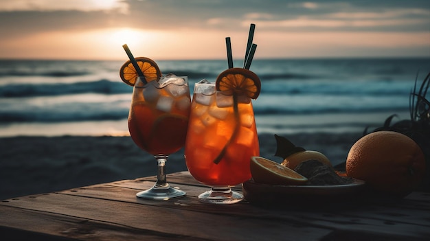 Dois copos de coquetéis de laranja em uma mesa com um prato de comida na praia