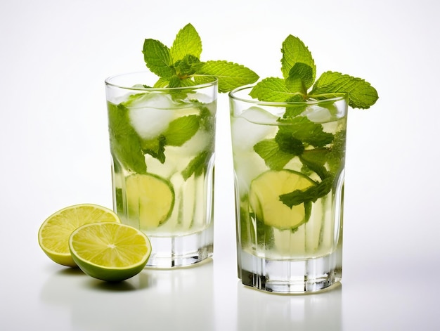 Dois copos de coquetel de mojito de verão com limão e hortelã em fundo branco gerado por IA