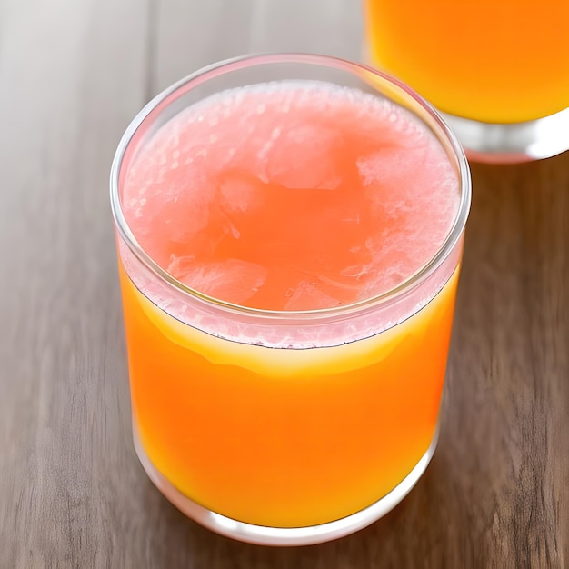 Dois copos de coquetel de suco de laranja em uma mesa de madeira