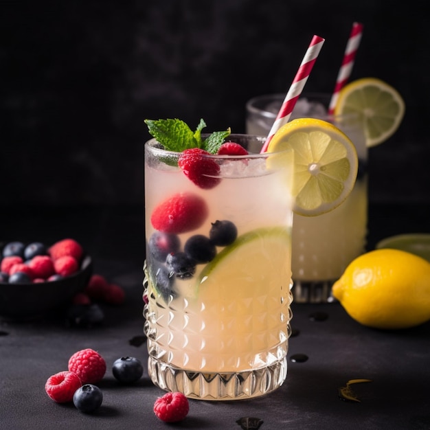 Dois copos de limonada com um canudo e um canudo listrado de vermelho e branco.