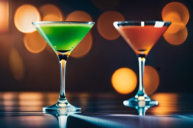 dois copos de martini com líquido verde roxo e verde