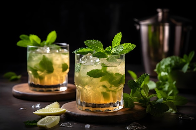 Dois copos de mojito com folhas de hortelã em um fundo escuro