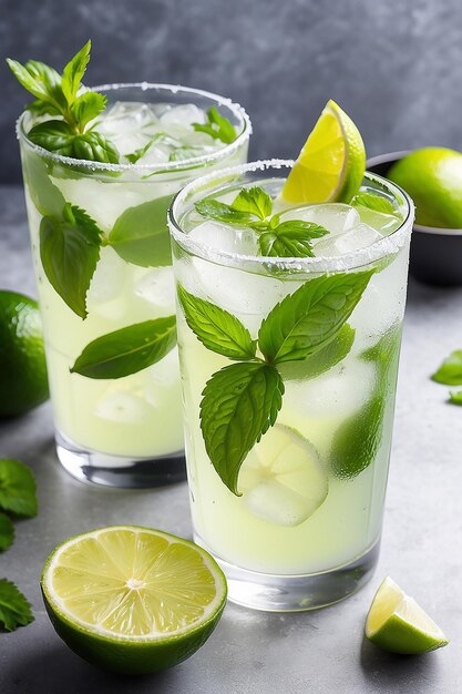 Dois copos de mojito com limão e um limão ao lado