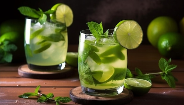 Dois copos de mojito com limão e uma fatia de limão em uma base para copos de madeira.