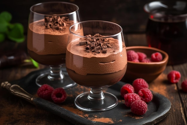 Dois copos de mousse de chocolate com framboesas em uma bandeja