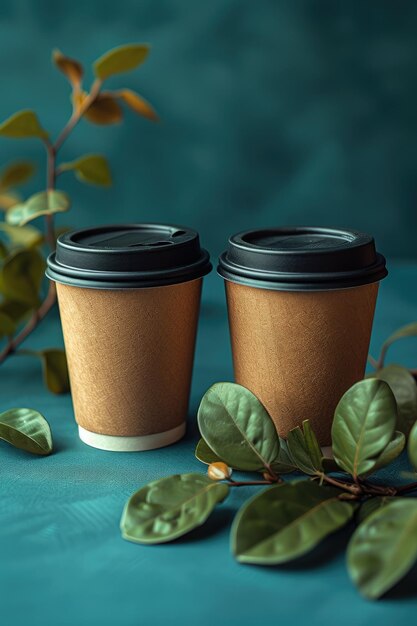 Dois copos de papel de café com folhas verdes em um fundo turquesa