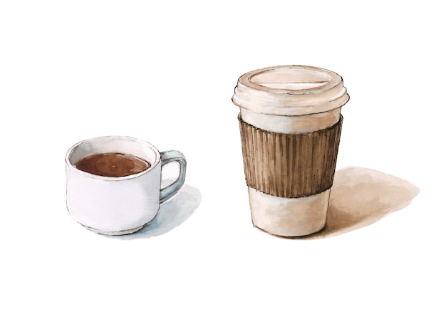 Dois copos de papel de café e xícara de café, ilustração