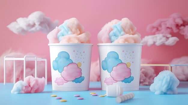 Foto dois copos de papel de doces de algodão rosa e azul em uma mesa azul contra um fundo rosa