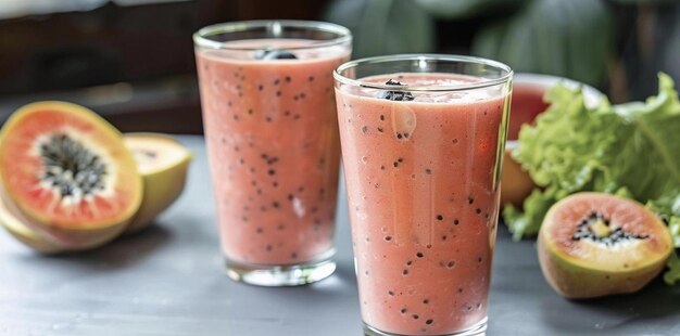 Dois copos de smoothie de frutas frescas.