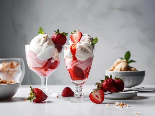 Dois copos de sorvete de morango com morangos no topo e uma tigela de sorvete à direita