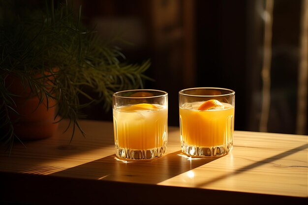 Dois copos de suco de laranja numa mesa de madeira