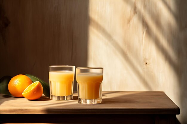 Dois copos de suco de laranja numa mesa de madeira