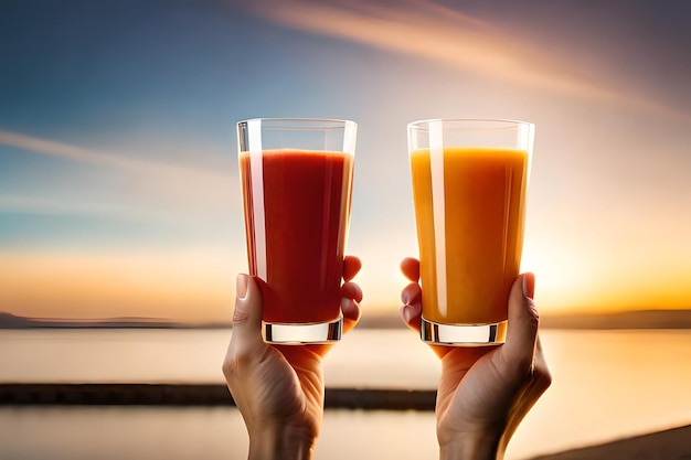 Dois copos de suco de laranja são erguidos em frente ao pôr do sol.