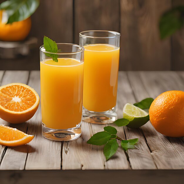 dois copos de suco de laranja sentados em uma mesa de madeira