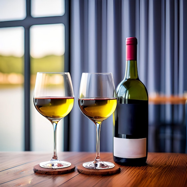 Dois copos de vinho ao lado de uma garrafa de vinho e uma garrafa de vinho Verão