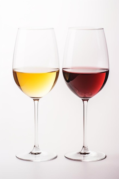 Foto dois copos de vinho com cores diferentes de vermelho amarelo e branco