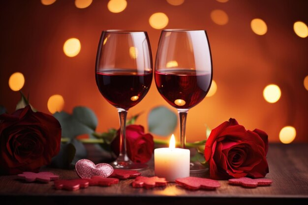 Dois copos de vinho com vinho vermelho para namoro romântico ou jantar de Dia dos Namorados com flores de rosa vermelha