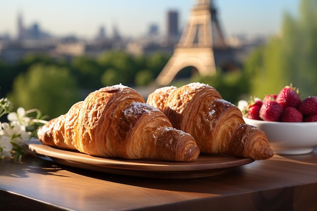 Dois copos de vinho e croissants na mesa num café em close-up