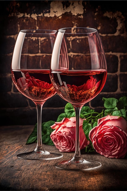 Dois copos de vinho e rosas Conceito de um encontro romântico em um restaurante Jantar dos namorados IA generativa