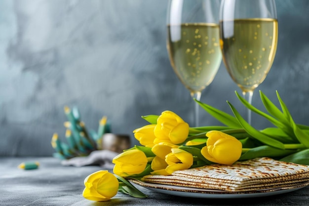 dois copos de vinho e um prato de matzo com tulipas amarelas