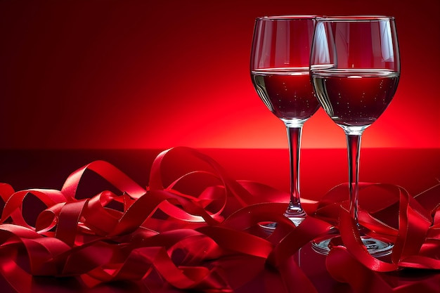 Foto dois copos de vinho em fundo vermelho com fita vermelha
