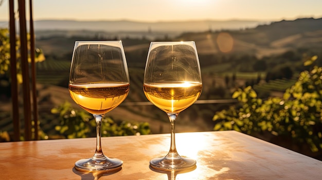 Dois copos de vinho laranja no terraço com vista para o clima ensolarado na paisagem do vinhedo