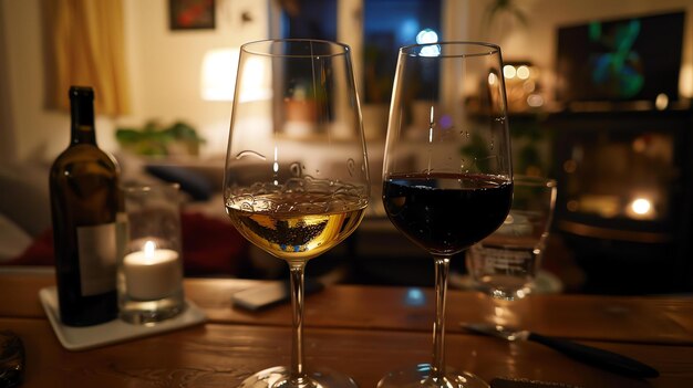 Foto dois copos de vinho numa mesa de madeira o fundo é borrado por um caloroso brilho de luz