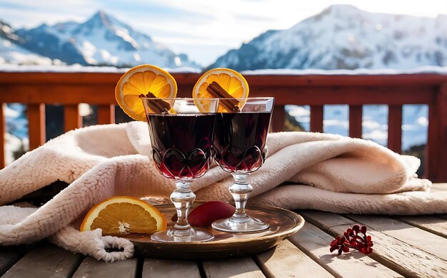 Foto dois copos de vinho quente com fatias de laranja e pauzinhos de canela em uma mesa de madeira na frente de montanhas nevadas