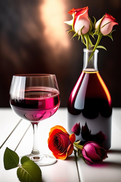 Dois copos de vinho rosé na mesa branca Natureza morta com vinho e flores