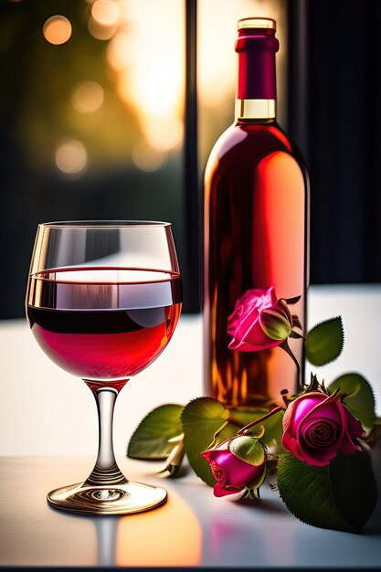 Dois copos de vinho rosé na mesa branca natureza morta com vinho e flores