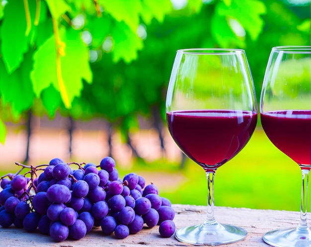 Dois copos de vinho sentados em uma mesa ao lado de um cacho de uvas.