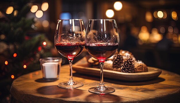 dois copos de vinho sentados em uma mesa com um cone de pinheiro na mesa