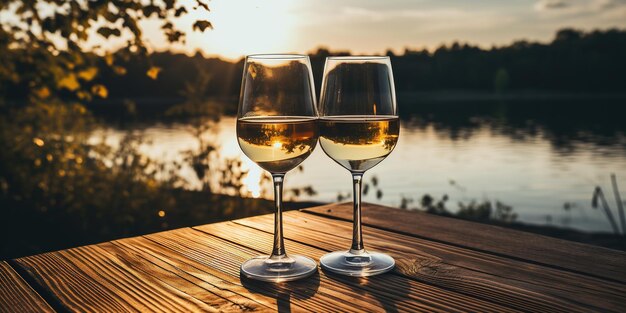 Dois copos de vinho sentados numa mesa ao lado de um lago