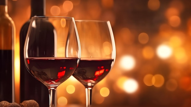 dois copos de vinho tinto e garrafa em cima da mesa com luz bokeh de fundo romântico