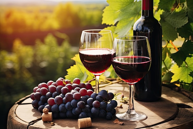 Dois copos de vinho tinto e uvas em uma mesa de madeira na vinha Dois copos de vinho tinto e uma garrafa na vinha com uvas AI Gerado