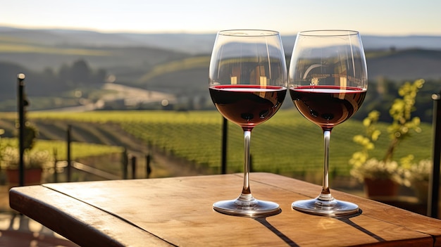 Dois copos de vinho tinto no terraço com vista para o clima ensolarado na paisagem do vinhedo