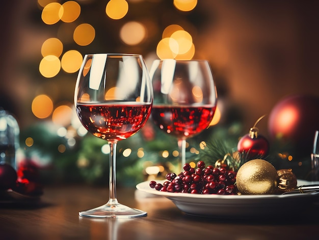 Dois copos de vinho tinto sobre uma mesa de madeira com decorações de Natal