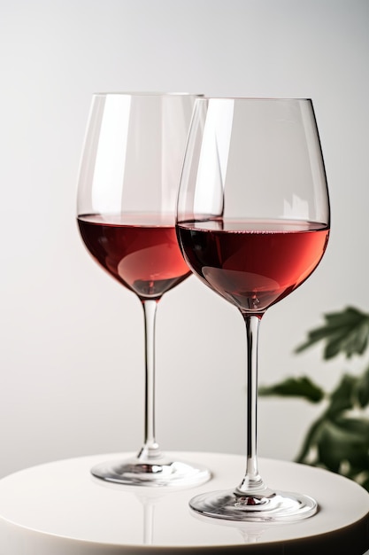 Foto dois copos de vinho vermelho em uma mesa com um fundo desfocado