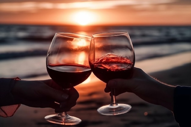 dois copos de vinho vermelho nas mãos