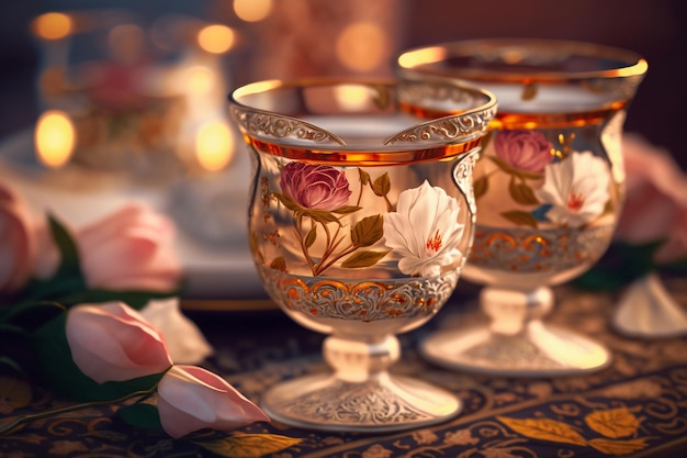Dois copos vintage com rosas em uma mesa com um prato de rosas.