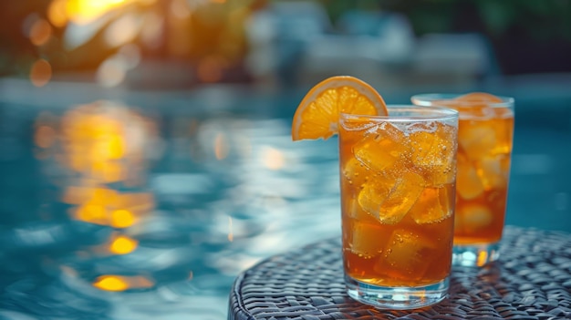 dois coquetéis de cítricos de verão com cubos de gelo em copos contra o fundo da piscina de luxo férias de verão limonada bebidas refrescantes