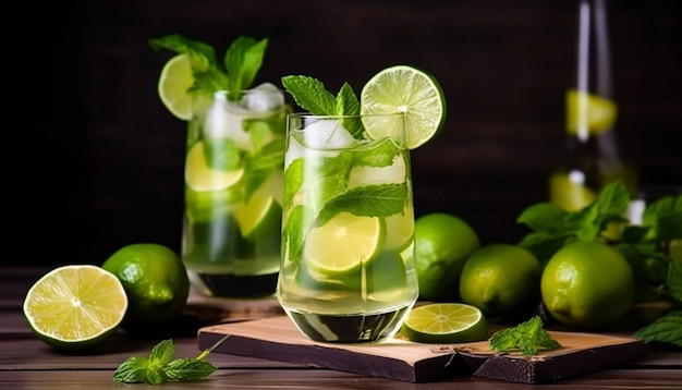 Dois coquetéis de mojito em uma mesa de madeira com limão e limão