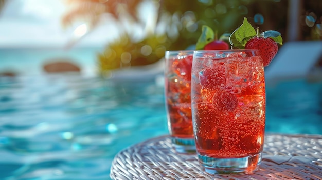 dois coquetéis de morango de verão com cubos de gelo em copos contra o fundo da piscina de luxo férias de verão limonada bebidas refrescantes