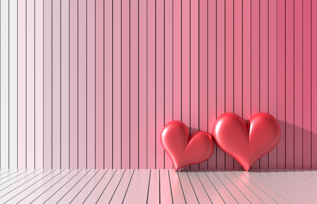 Foto dois coração vermelho em cores brilhantes e paredes de madeira de variedade. amor no dia dos namorados. 3d render